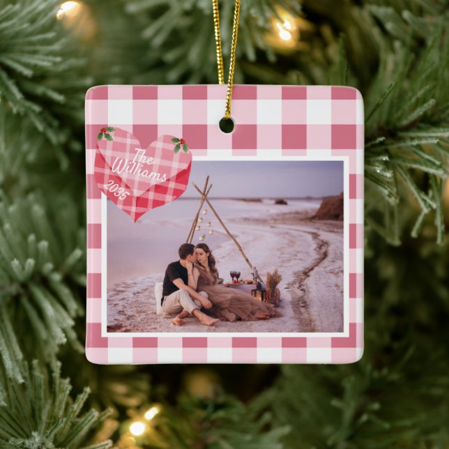 Niedlich Pink Heart Gingham Custom Foto Christmas Keramikornament (Baum)