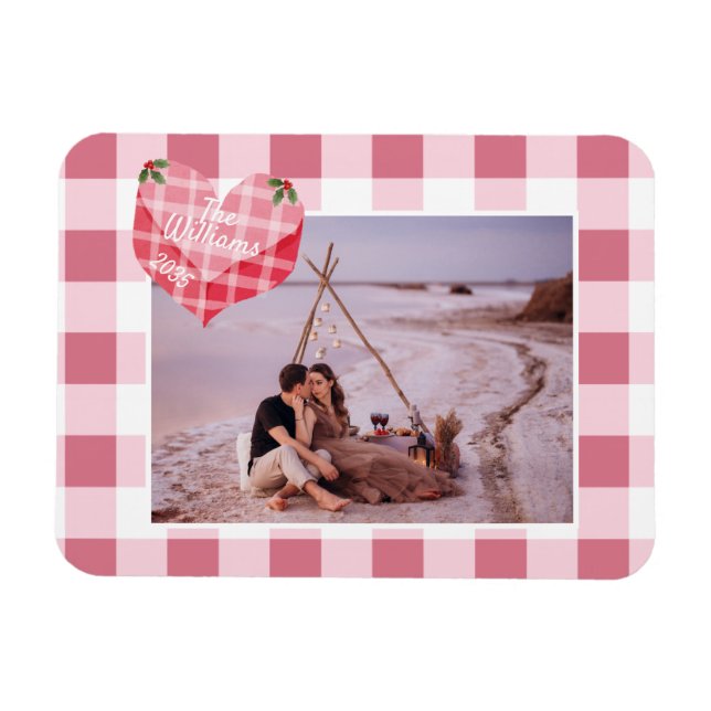 Niedlich Pink Heart Gingham Custom Foto Christmas Magnet (Horizontal)