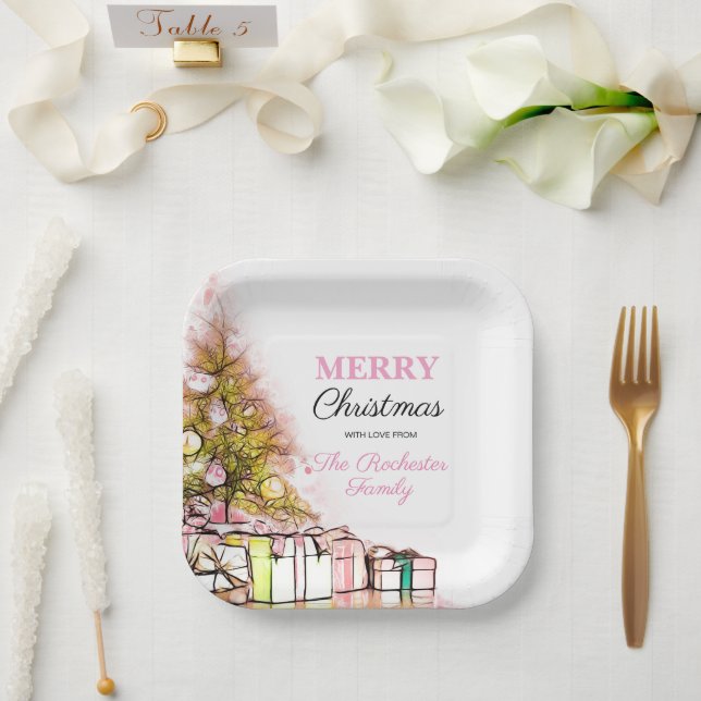 Niedlich Pink Holiday Tree Frohe Weihnachten Party Pappteller (Hochzeit)