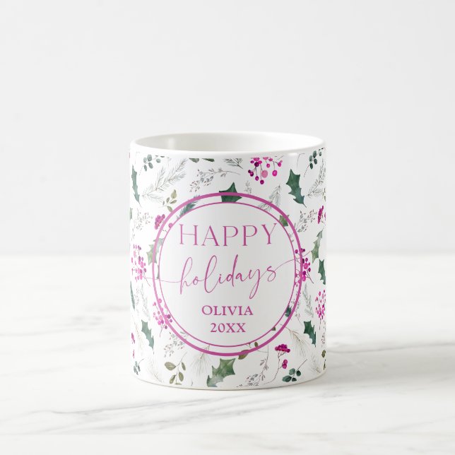 Niedlich Pink Holly Berries Name Holiday Tasse (Mittel)