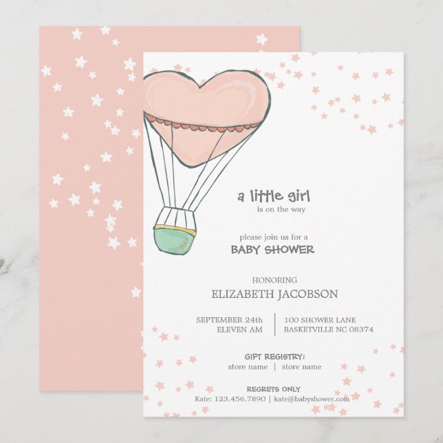 Niedlich Pink Hot Air Ballon Babydusche Einladung (Vorne/Hinten)