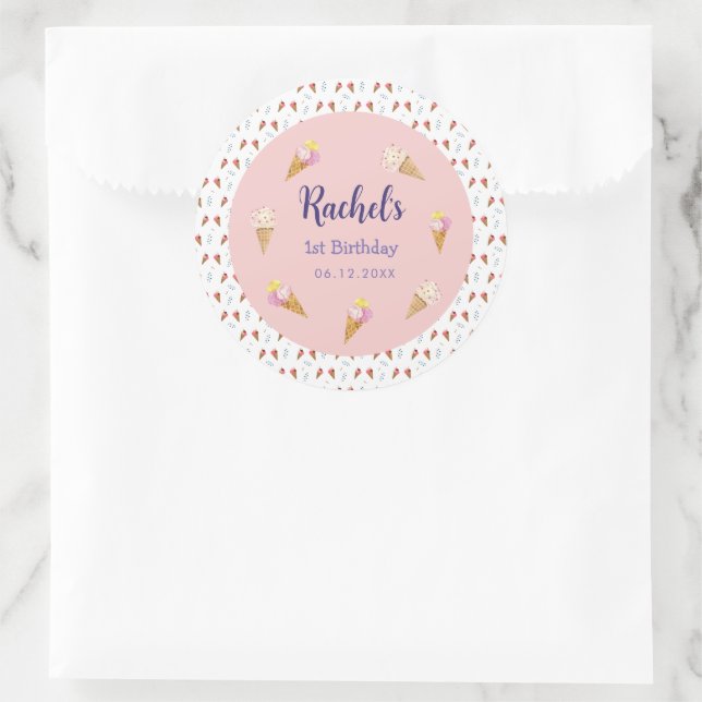 Niedlich Pink Ice Creme Cone Girl Birthday Runder Aufkleber (Tasche)