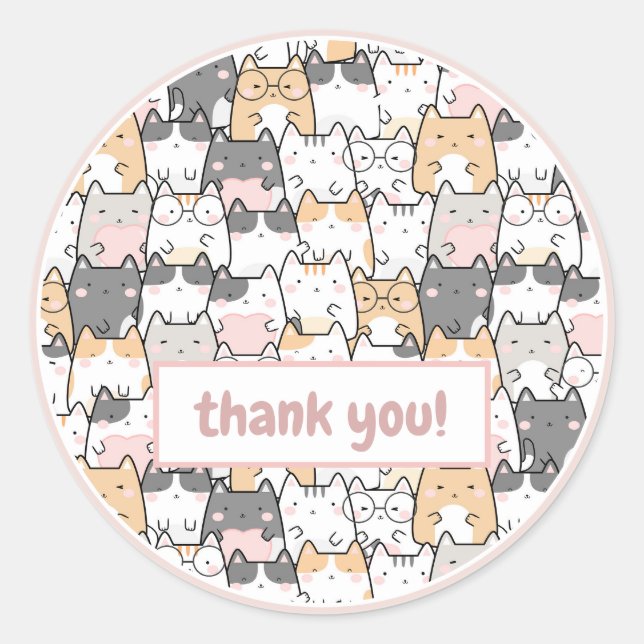 Niedlich Pink Kawaii Cats Kittens Muster Danke Runder Aufkleber (Vorderseite)
