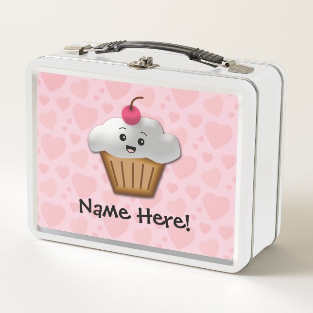 Niedlich Pink Kawaii Happy Face Cupcake Girls Metall Brotdose (Vorderseite)