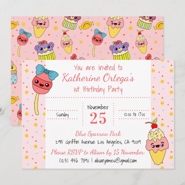 Niedlich Pink Kawaii Süßigkeiten Glückwunsch 1. Ge Einladung (Vorne/Hinten)