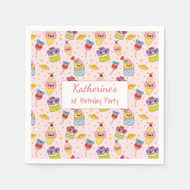 Niedlich Pink Kawaii Süßigkeiten Glückwunsch 1. Ge Serviette (Vorderseite)