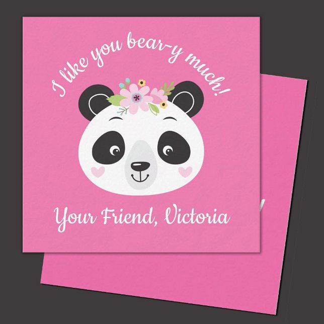 Niedlich Pink Kids Panda Klassenzimmer Valentinsta Mitteilungskarte (Cute panda valentine.  perfect for a kids classroom exchange. personalize it with your kids name.)