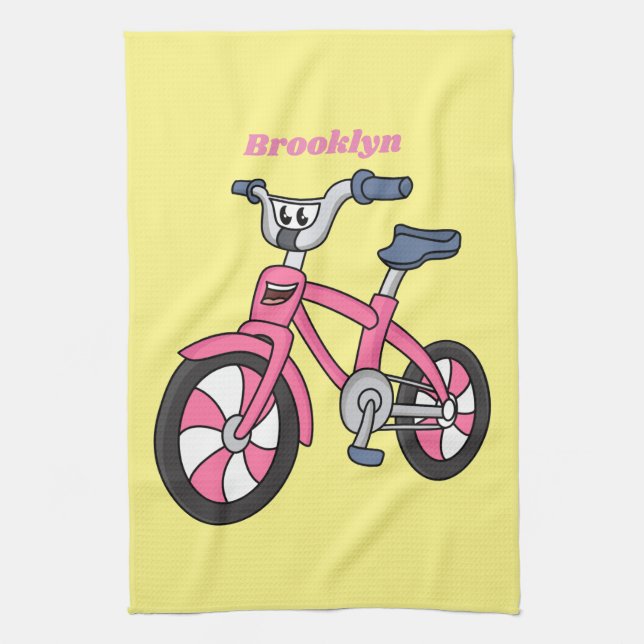 Niedlich-pink-Kinder Fahrrad Cartoon Abbildung Geschirrtuch (Vertikal)