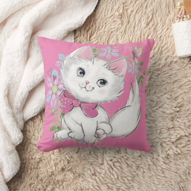 Niedlich Pink Kitten und Blume Girls Kissen (Decke)