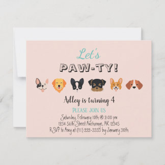 Niedlich Pink Let's Pawty Girl Welppy Birthday Par Einladung