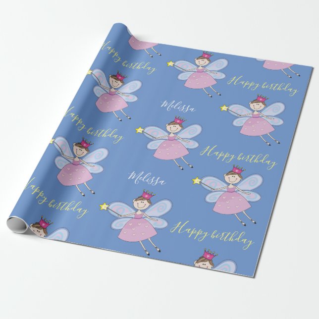 Niedlich Pink Lila Blue Fairy Geburtstag Personali Geschenkpapier (Ungerollt)