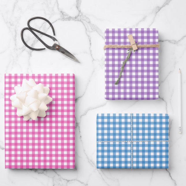 Niedlich Pink Lila Blue Gingham Pattern Geschenkpapier Set (Vorderseite)