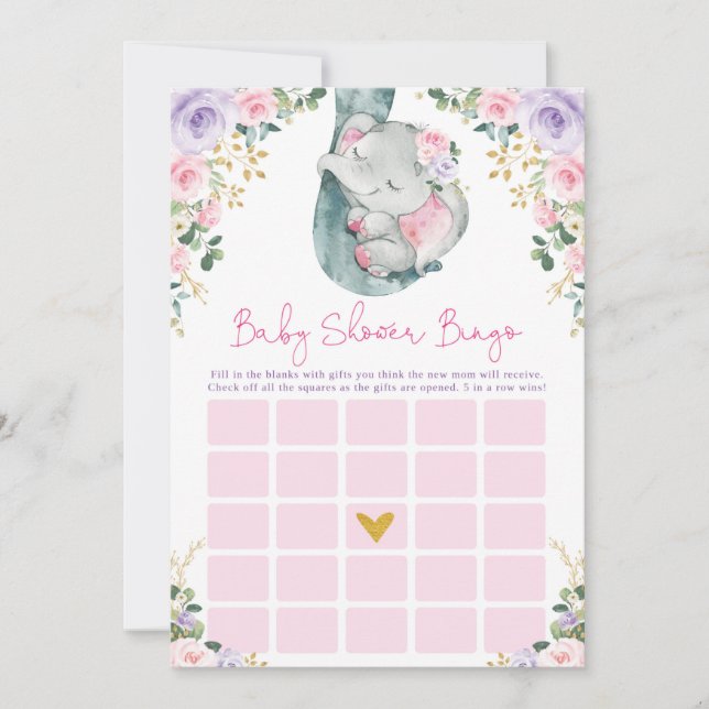 Niedlich Pink Lila Elephant Bingo Baby Showspiel Einladung (Vorderseite)