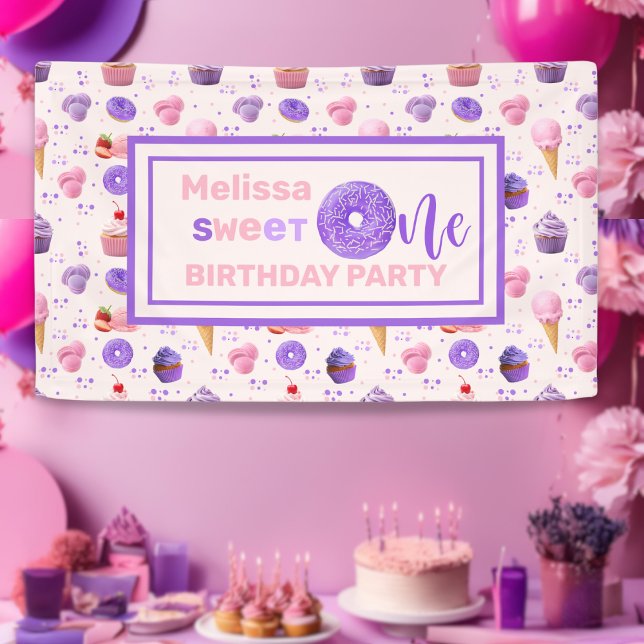 Niedlich Pink Lila Sweet One Birthday Party Banner (Von Creator hochgeladen)