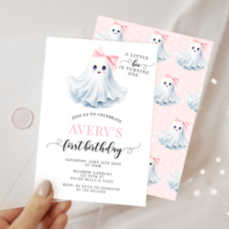 Niedlich Pink Little Boo Ghost Bow Birthday Girl Einladung