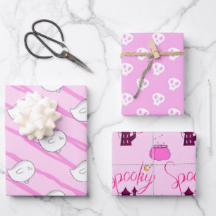 Niedlich Pink Little Boo Ghost Skull Halloween-Ges Geschenkpapier Set
