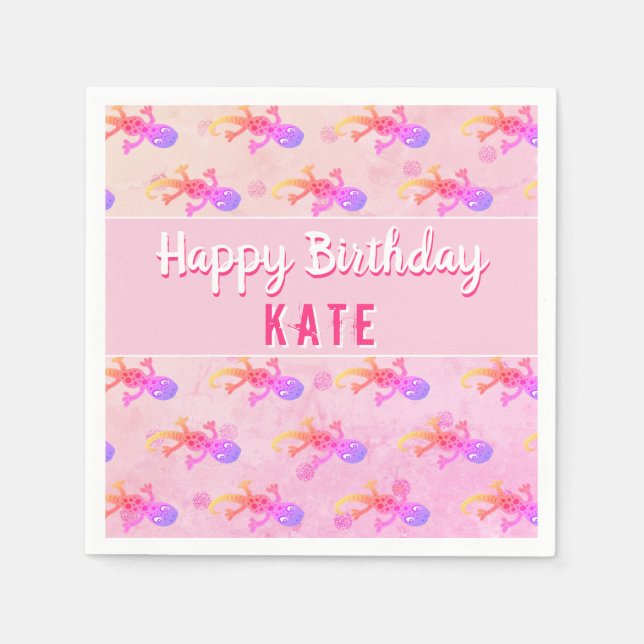 Niedlich Pink Lizard Gecko Girly Birthday Party Serviette (Vorderseite)