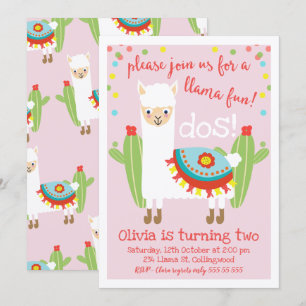 Niedlich Pink Llama Cactus Birthday Einladung