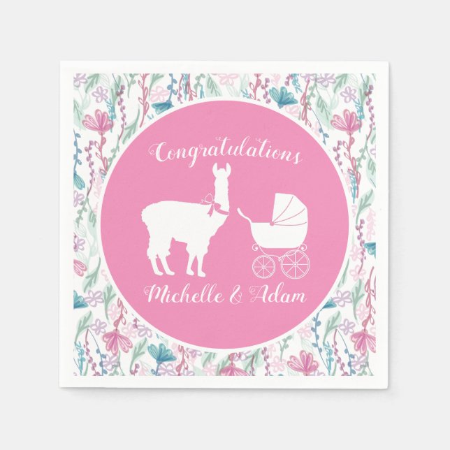 Niedlich Pink Llama Girl Babydusche Serviette (Vorderseite)
