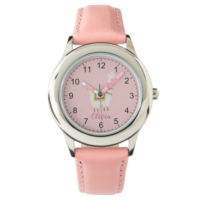 Niedlich Pink Llama Individuelle Name Mädchen Kind Armbanduhr (Vorderseite)