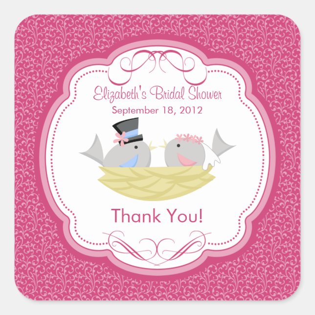 Niedlich Pink Love Birds Brautparty Square Sticker (Vorderseite)