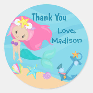 Niedlich Pink Mermaid Birthday Girl Ocean Danke Runder Aufkleber