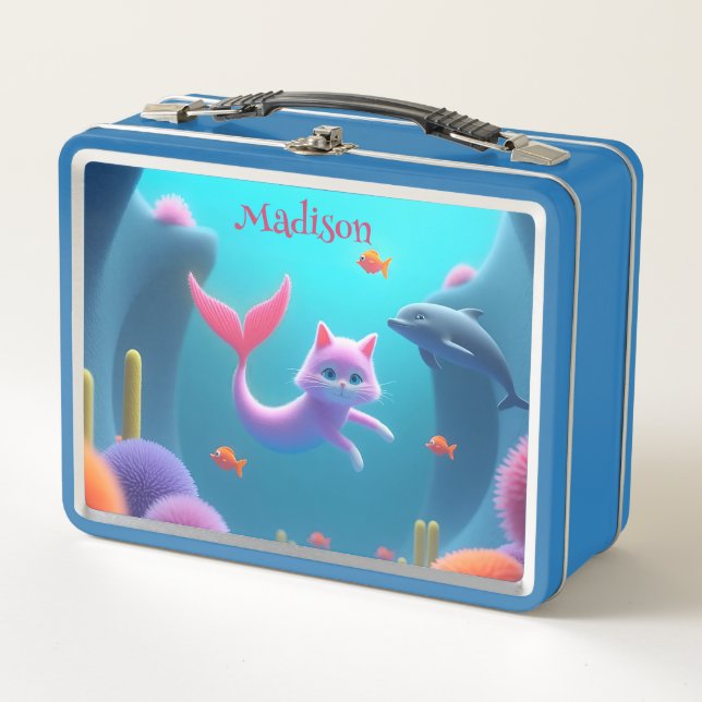 Niedlich Pink Mermaid Kitten Metall Brotdose (Vorderseite)