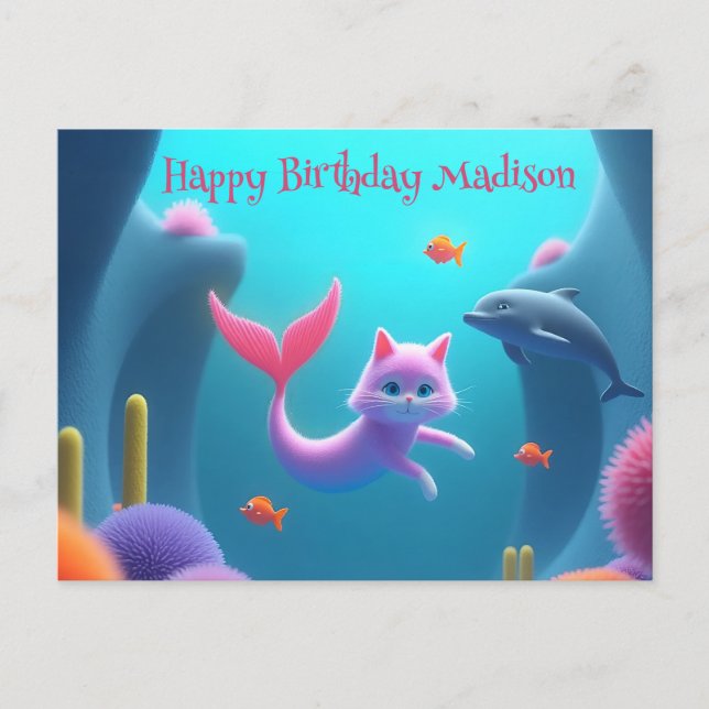 Niedlich Pink Mermaid Kitten Postkarte (Vorderseite)