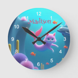 Niedlich Pink Mermaid Kitten Runde Wanduhr