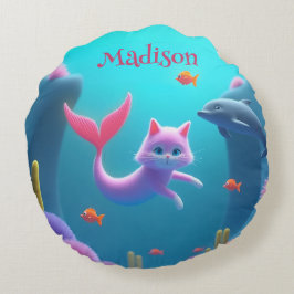 Niedlich Pink Mermaid Kitten Rundes Kissen