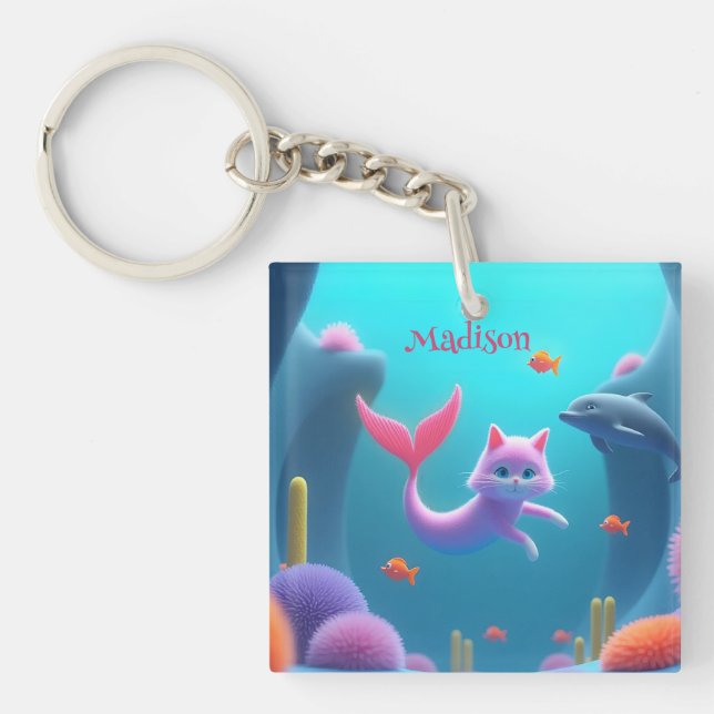 Niedlich Pink Mermaid Kitten Schlüsselanhänger (Vorderseite)