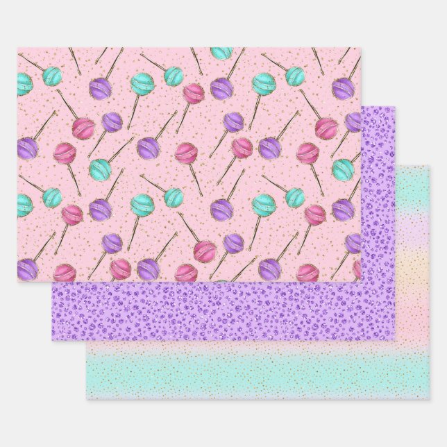 Niedlich Pink Mint Lila Lollipops Kleines Mädchen Geschenkpapier Set (Set)