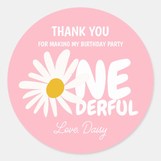 Niedlich Pink ONEderful Daisy Vielen Dank zum Gebu Runder Aufkleber (Vorderseite)
