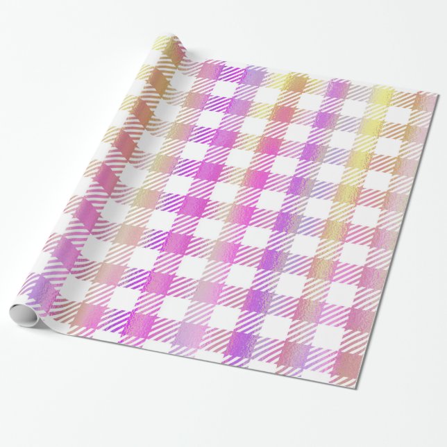 Niedlich Pink Orange Iridescent Gingham Pattern Geschenkpapier (Ungerollt)