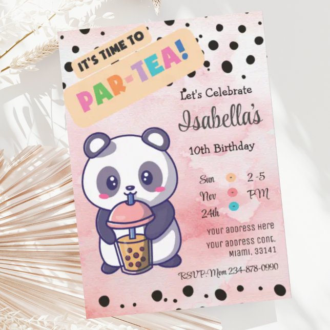 Niedlich Pink Panda Boba Tea Einladung zum Geburts (Von Creator hochgeladen)