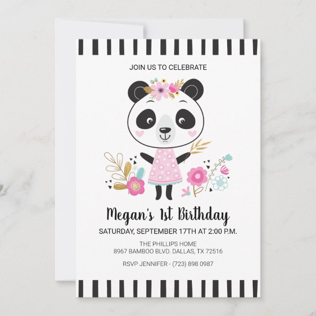 Niedlich Pink Panda Girls 1. Geburtstag Party Einladung (Vorderseite)