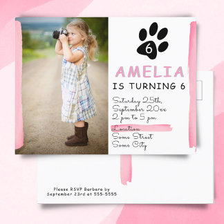 Niedlich Pink Paw Foto Geburtstagsparty Einladung
