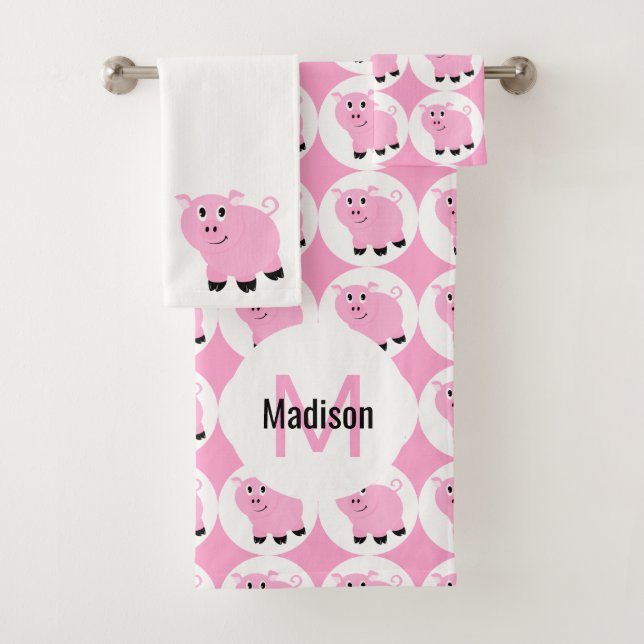 Niedlich Pink Pig Muster Kinder Mit Monogramm Tier Badhandtuch Set (Insitu)