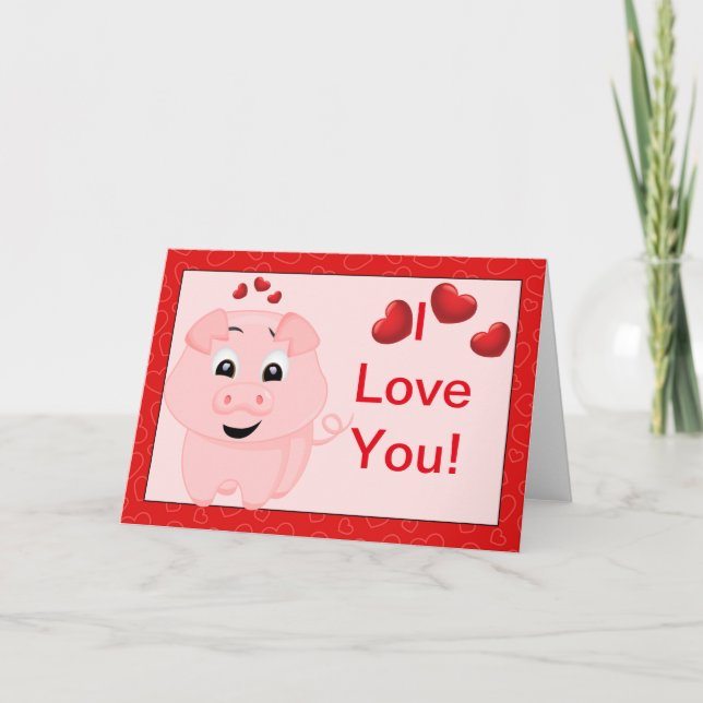 Niedlich Pink Pig und Herz I Liebe Sie Karte (Vorderseite)