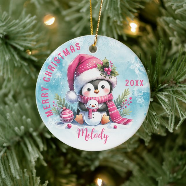 Niedlich Pink Pinguin Girl Vorname Frohe Weihnacht Keramik Ornament (Baum)
