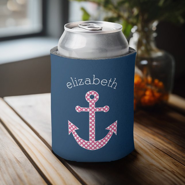 Niedlich Pink Polka Dot Anchor mit Individuelle Na Dosenkühler (Personalized can cooler with a place to add a name or other custom text)