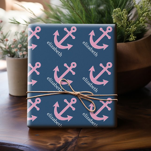Niedlich Pink Polka Dot Anchor mit Individuelle Na Geschenkpapier (Personalized Wrapping Paper)