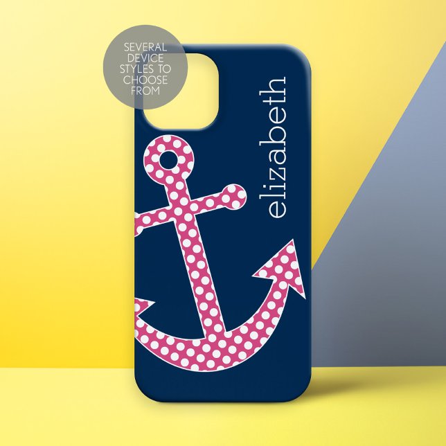 Niedlich Pink Polka Dot Anchor mit Individuelle Na iPhone 15 Hülle (Personalized Phone Case - Nautical Anchor)