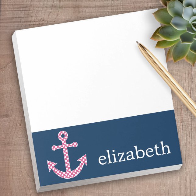 Niedlich Pink Polka Dot Anchor mit Individuelle Na Notizblock (Personalized notepad - great for a gift or your home office)