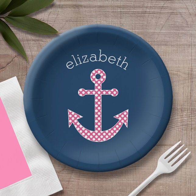Niedlich Pink Polka Dot Anchor mit Individuelle Na Pappteller (Personalized party plate with custom name)