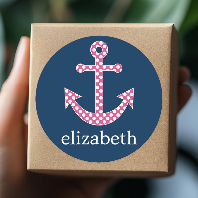 Niedlich Pink Polka Dot Anchor mit Individuelle Na Runder Aufkleber (Personalized Sticker)