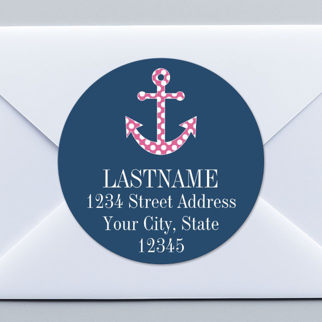 Niedlich Pink Polka Dot Anchor mit Individuelle Na Runder Aufkleber (Custom Return Address Sticker)