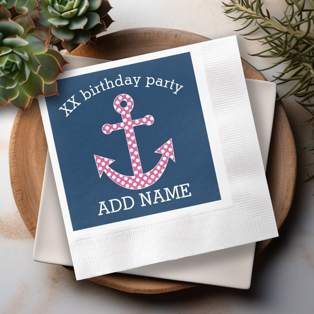 Niedlich Pink Polka Dot Anchor mit Individuelle Na Serviette (Personalized cocktail and dinner napkins)