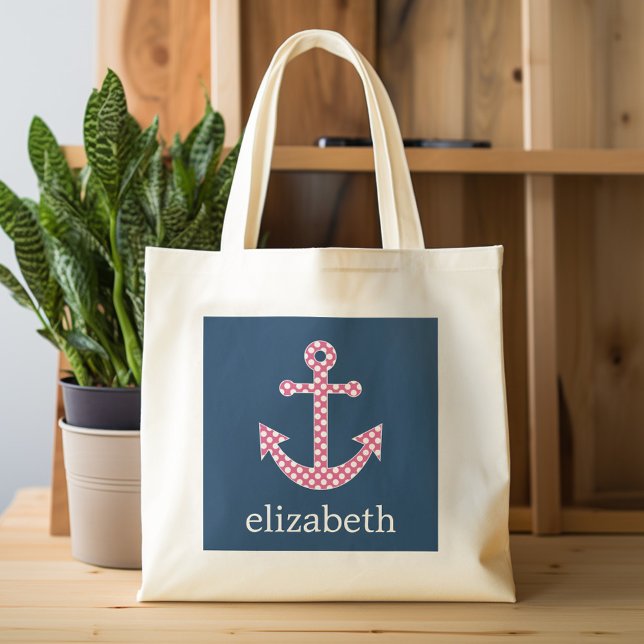 Niedlich Pink Polka Dot Anchor mit Individuelle Na Tragetasche (Personalized tote bag with photos and custom text)