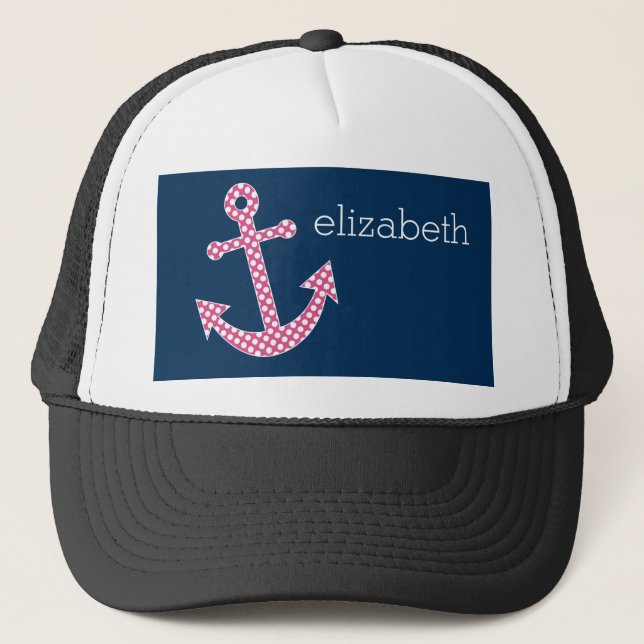 Niedlich Pink Polka Dot Anchor mit Individuelle Na Truckerkappe (Vorderseite)